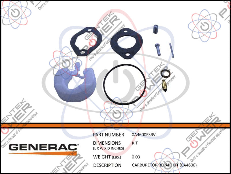 Generac 0A4600ESRV Carburetor Rebuild Kit For 0A4600 Carb