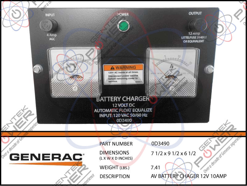 Generac 079535/0D3490 10A 12V Battery Charger  Gentek Power Generac Parts