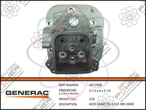 Generac 0H1760A/10000011471 Cylinder #1 Head For 990/992/999CC Engines ...